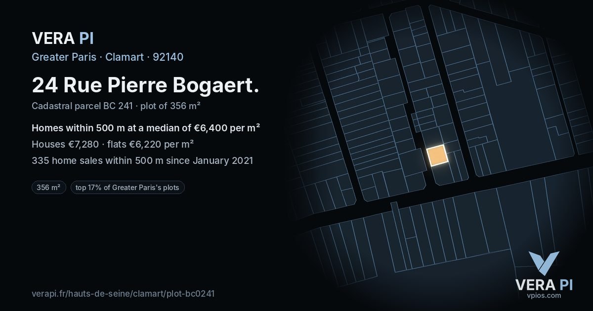 24 Rue Pierre Bogaert, Clamart at night – the plot lit, the parcels around coloured by the prices near them