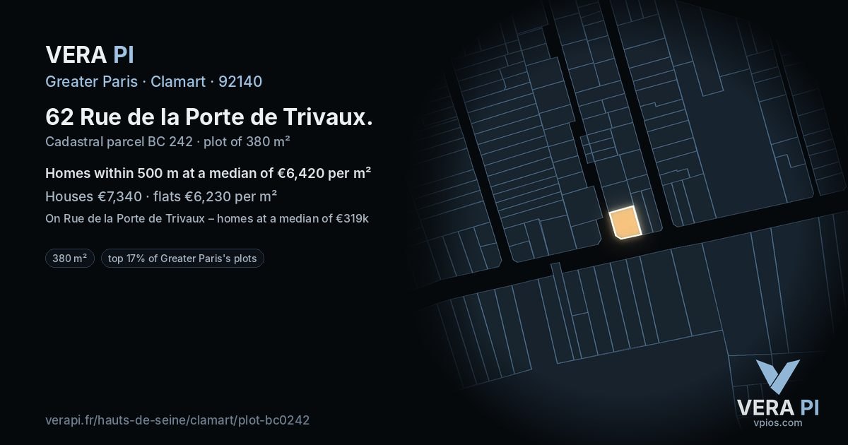 62 Rue de la Porte de Trivaux, Clamart at night – the plot lit, the parcels around coloured by the prices near them