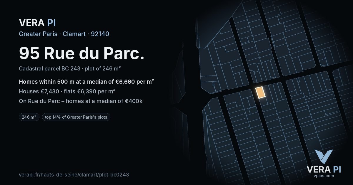 95 Rue du Parc, Clamart at night – the plot lit, the parcels around coloured by the prices near them