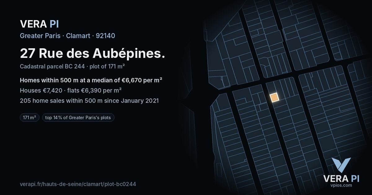 27 Rue des Aubépines, Clamart at night – the plot lit, the parcels around coloured by the prices near them