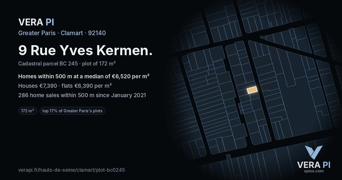 9 Rue Yves Kermen, Clamart at night – the plot lit, the parcels around coloured by the prices near them