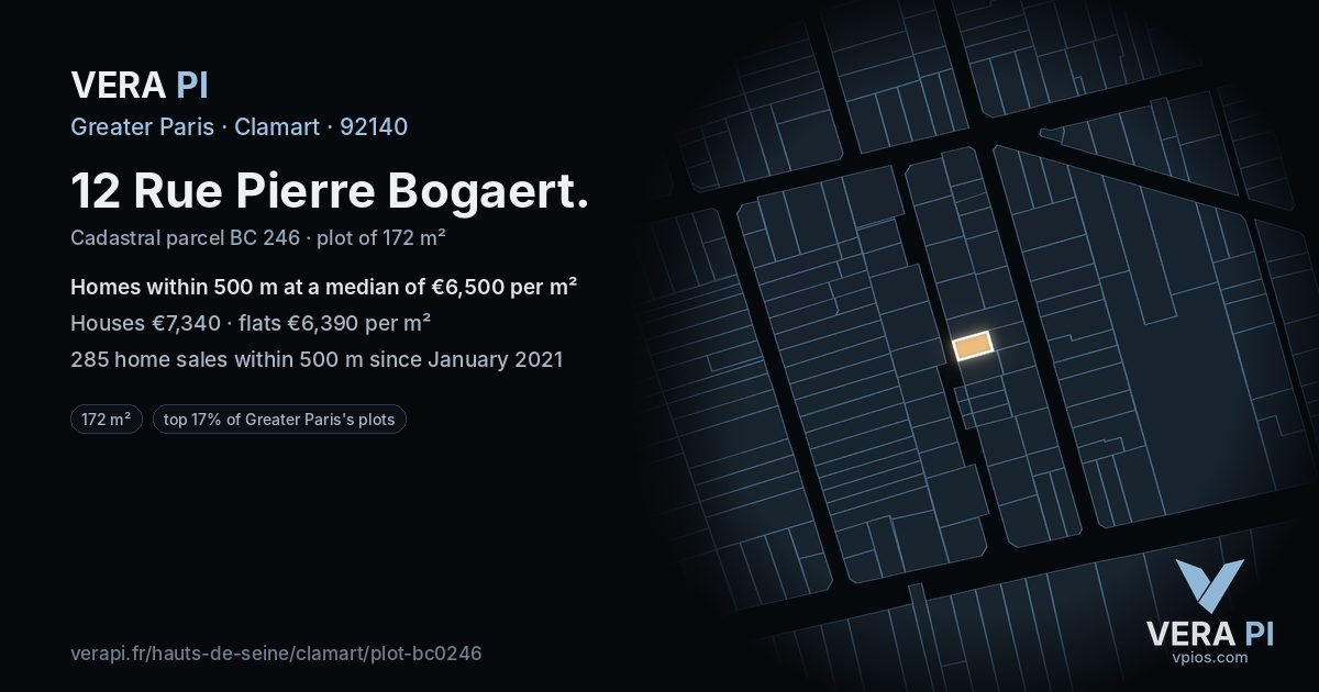 12 Rue Pierre Bogaert, Clamart at night – the plot lit, the parcels around coloured by the prices near them