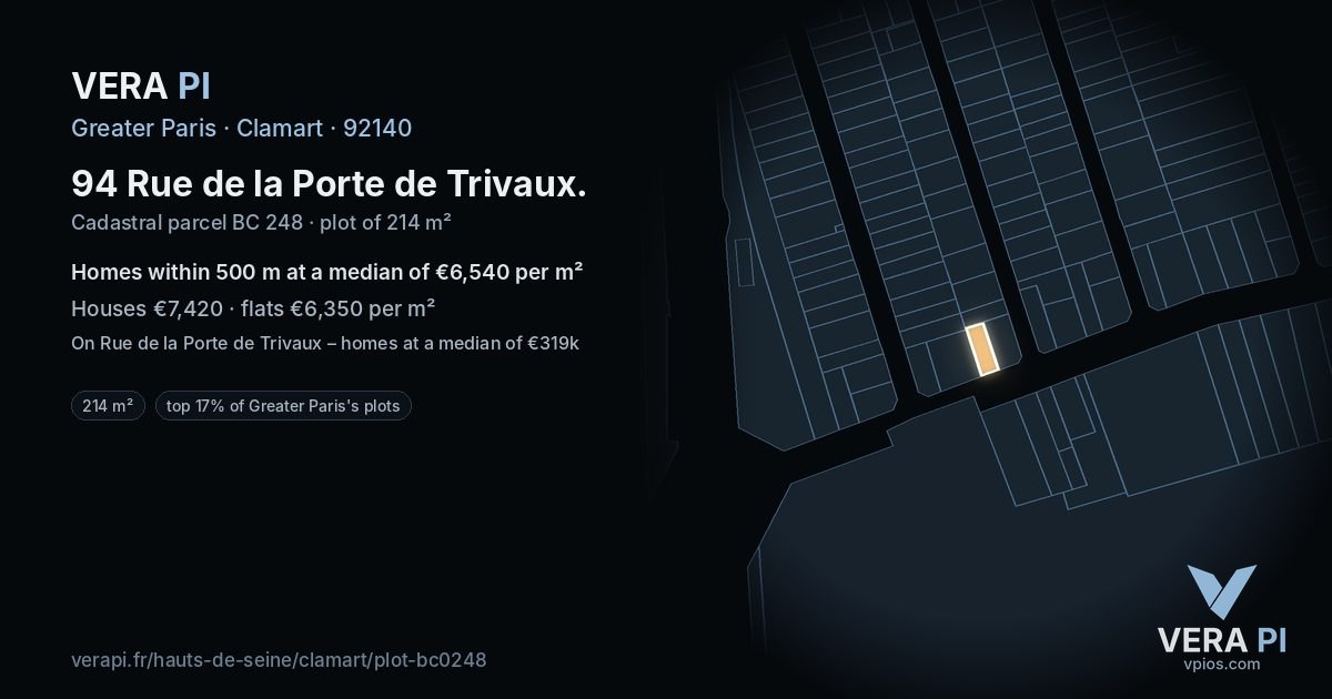 94 Rue de la Porte de Trivaux, Clamart at night – the plot lit, the parcels around coloured by the prices near them