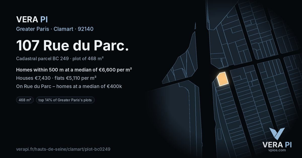 107 Rue du Parc, Clamart at night – the plot lit, the parcels around coloured by the prices near them