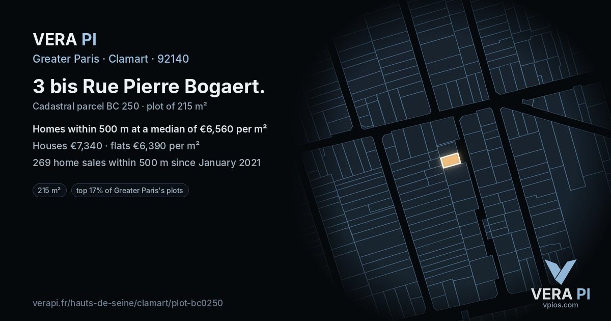 3 bis Rue Pierre Bogaert, Clamart at night – the plot lit, the parcels around coloured by the prices near them