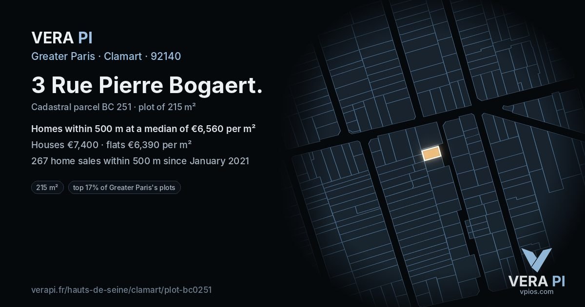 3 Rue Pierre Bogaert, Clamart at night – the plot lit, the parcels around coloured by the prices near them