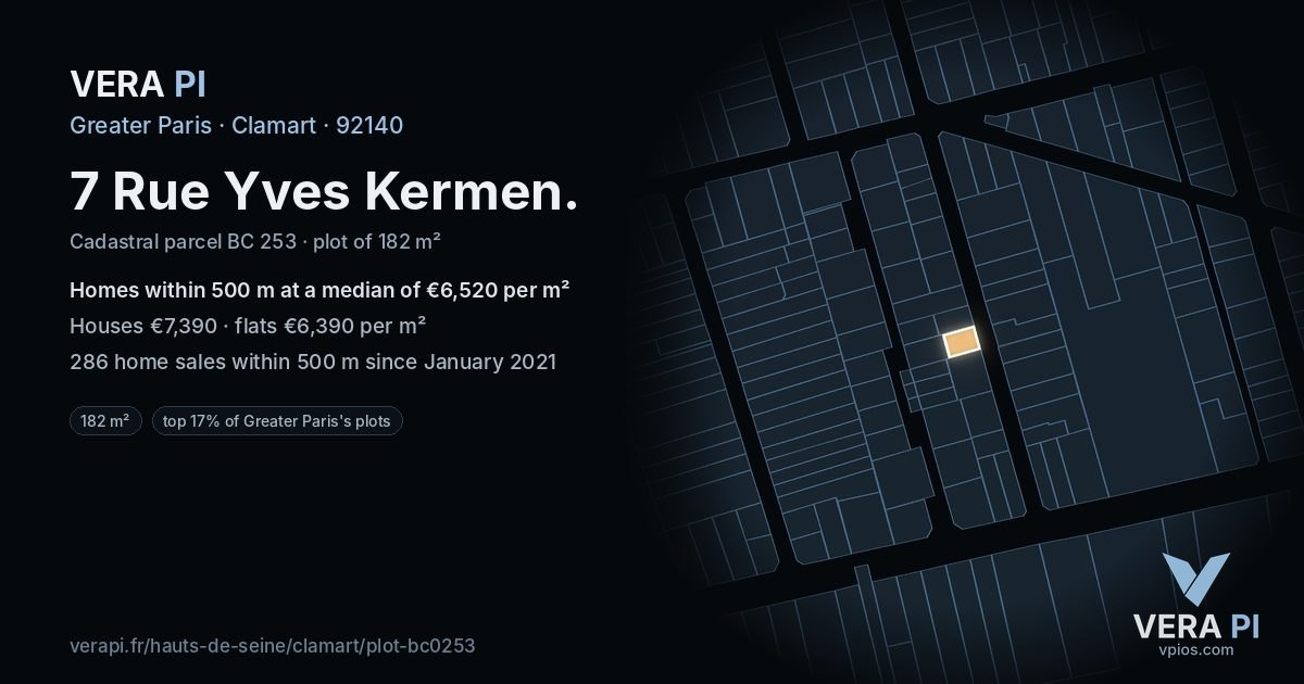 7 Rue Yves Kermen, Clamart at night – the plot lit, the parcels around coloured by the prices near them