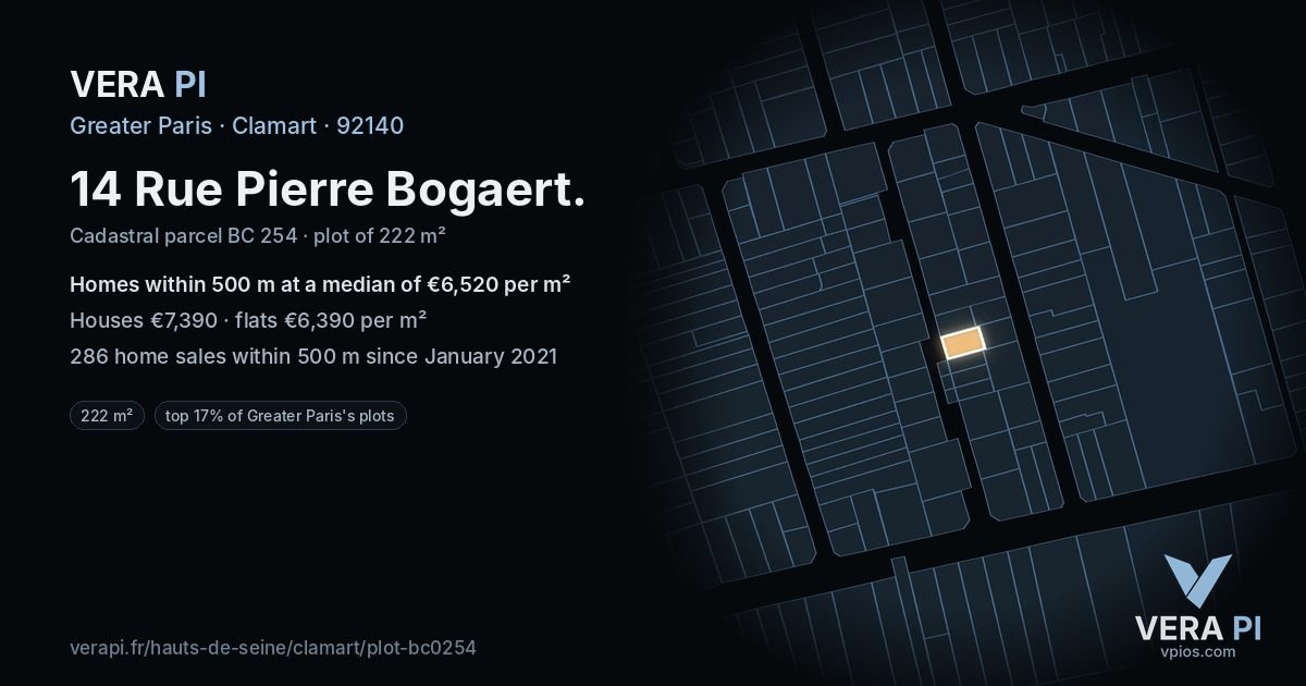 14 Rue Pierre Bogaert, Clamart at night – the plot lit, the parcels around coloured by the prices near them