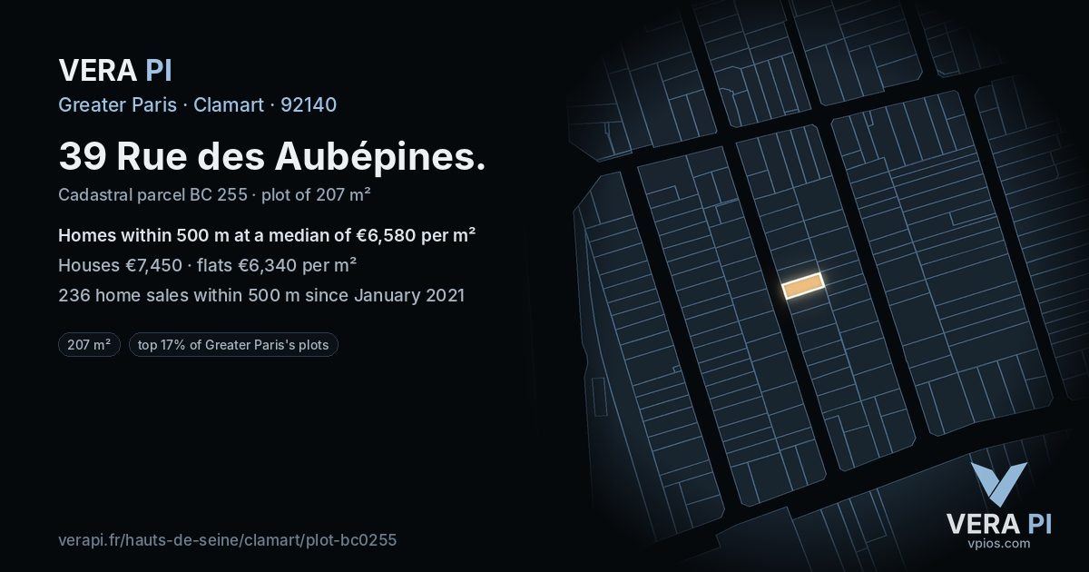 39 Rue des Aubépines, Clamart at night – the plot lit, the parcels around coloured by the prices near them