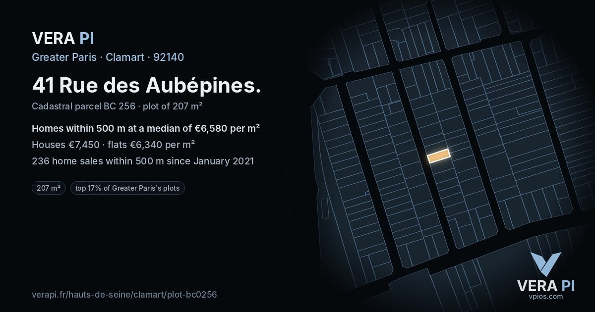 41 Rue des Aubépines, Clamart at night – the plot lit, the parcels around coloured by the prices near them