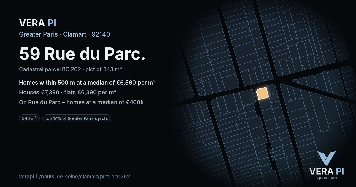 59 Rue du Parc, Clamart at night – the plot lit, the parcels around coloured by the prices near them
