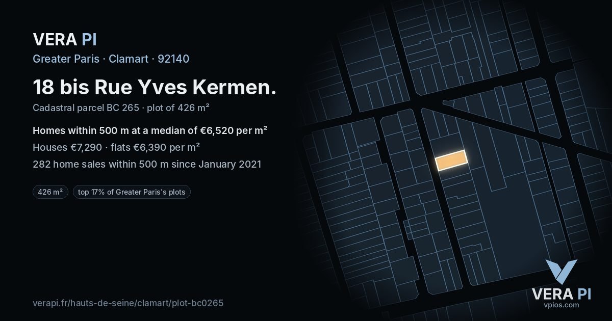 18 bis Rue Yves Kermen, Clamart at night – the plot lit, the parcels around coloured by the prices near them