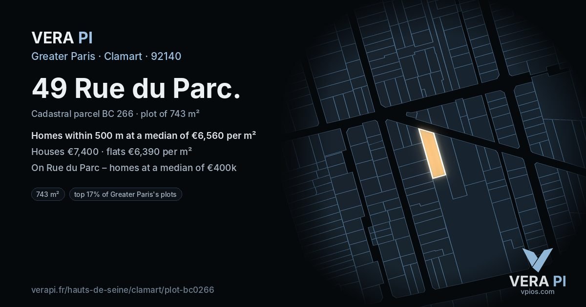 49 Rue du Parc, Clamart at night – the plot lit, the parcels around coloured by the prices near them