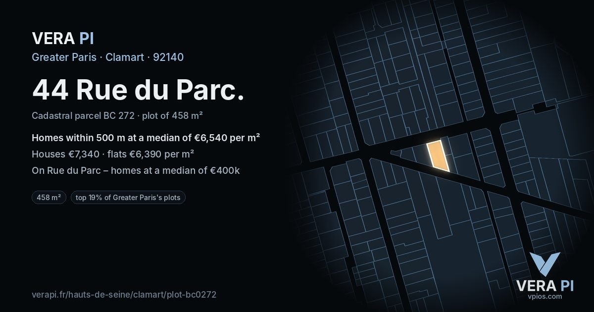 44 Rue du Parc, Clamart at night – the plot lit, the parcels around coloured by the prices near them