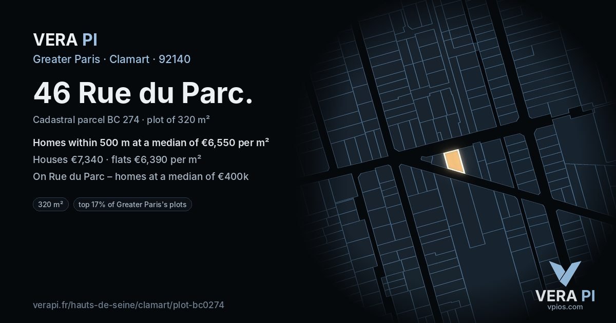 46 Rue du Parc, Clamart at night – the plot lit, the parcels around coloured by the prices near them