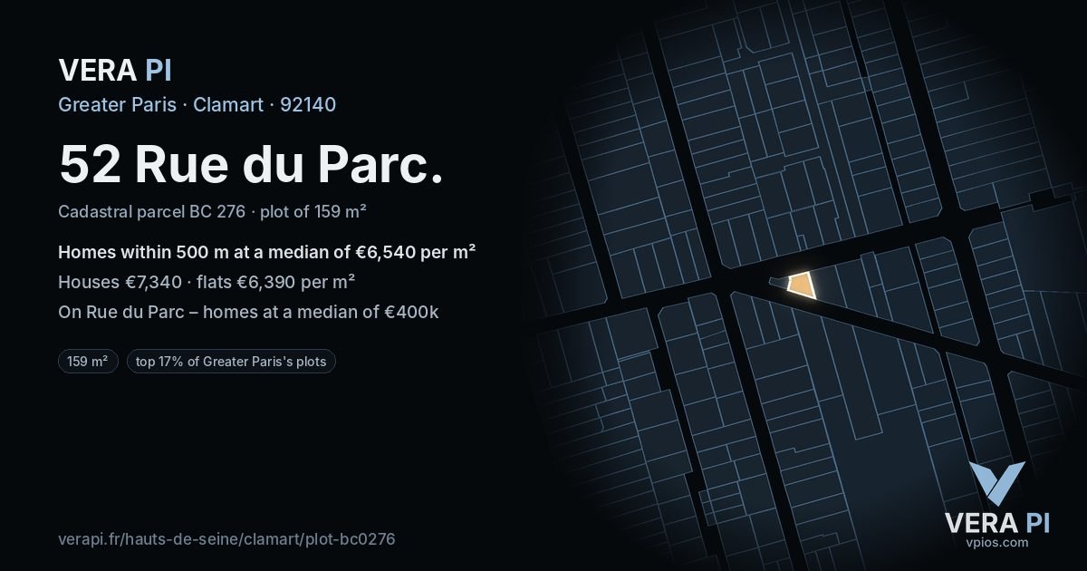 52 Rue du Parc, Clamart at night – the plot lit, the parcels around coloured by the prices near them