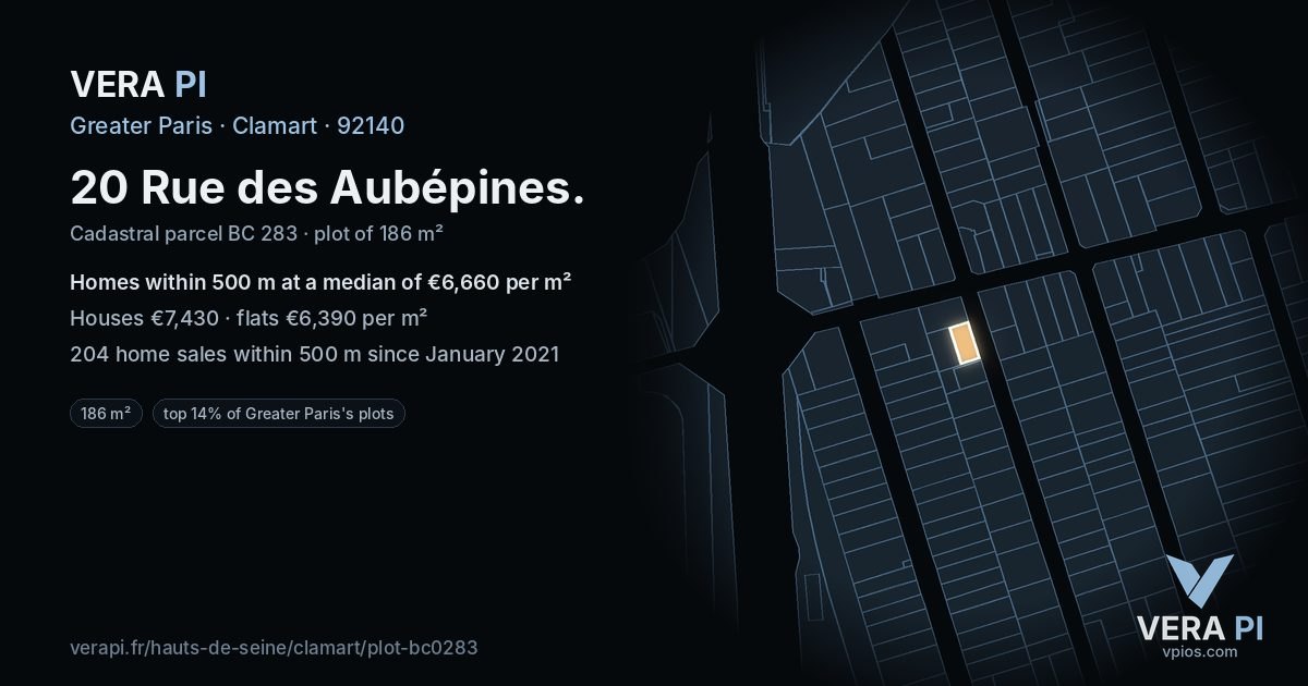 20 Rue des Aubépines, Clamart at night – the plot lit, the parcels around coloured by the prices near them