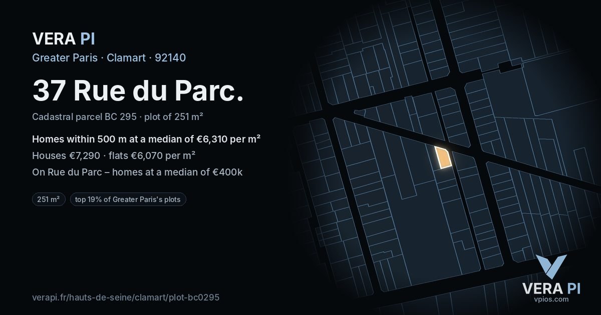 37 Rue du Parc, Clamart at night – the plot lit, the parcels around coloured by the prices near them