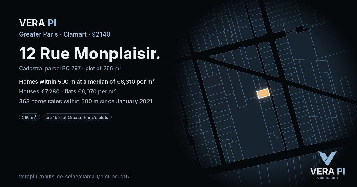 12 Rue Monplaisir, Clamart at night – the plot lit, the parcels around coloured by the prices near them