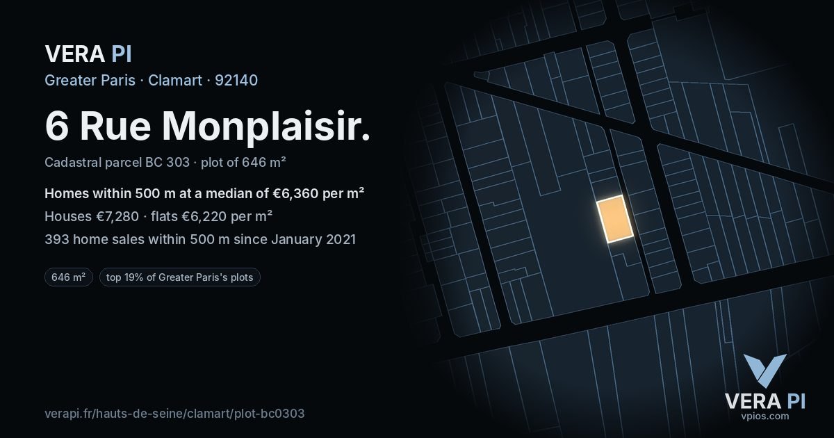 6 Rue Monplaisir, Clamart at night – the plot lit, the parcels around coloured by the prices near them