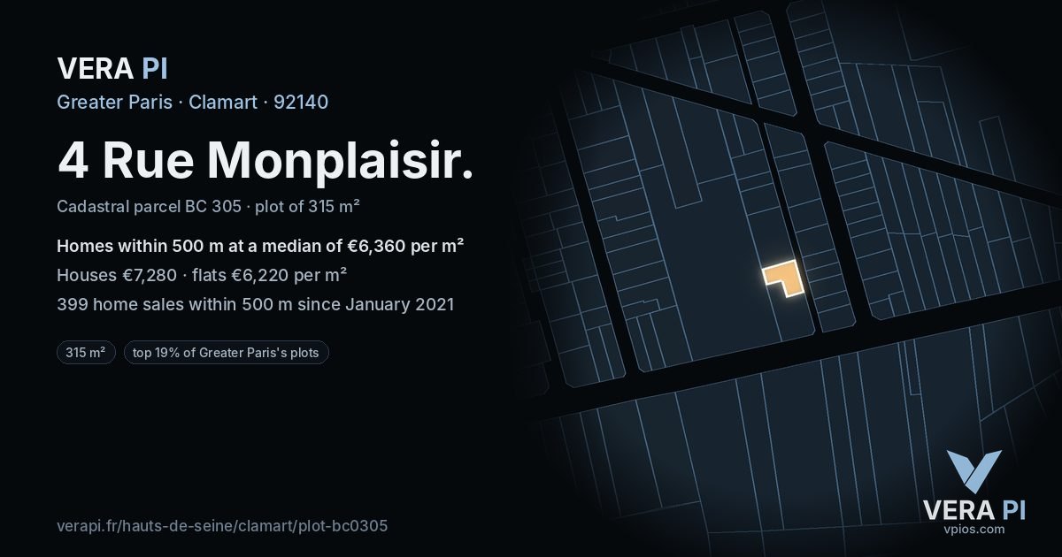 4 Rue Monplaisir, Clamart at night – the plot lit, the parcels around coloured by the prices near them