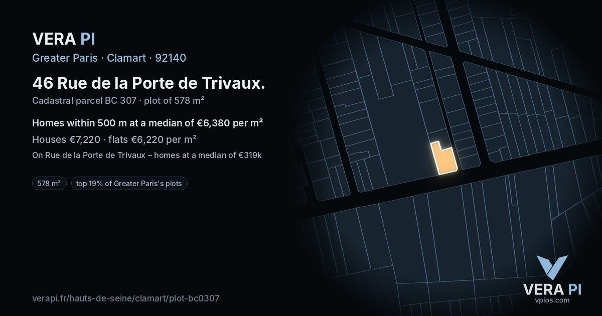 46 Rue de la Porte de Trivaux, Clamart at night – the plot lit, the parcels around coloured by the prices near them