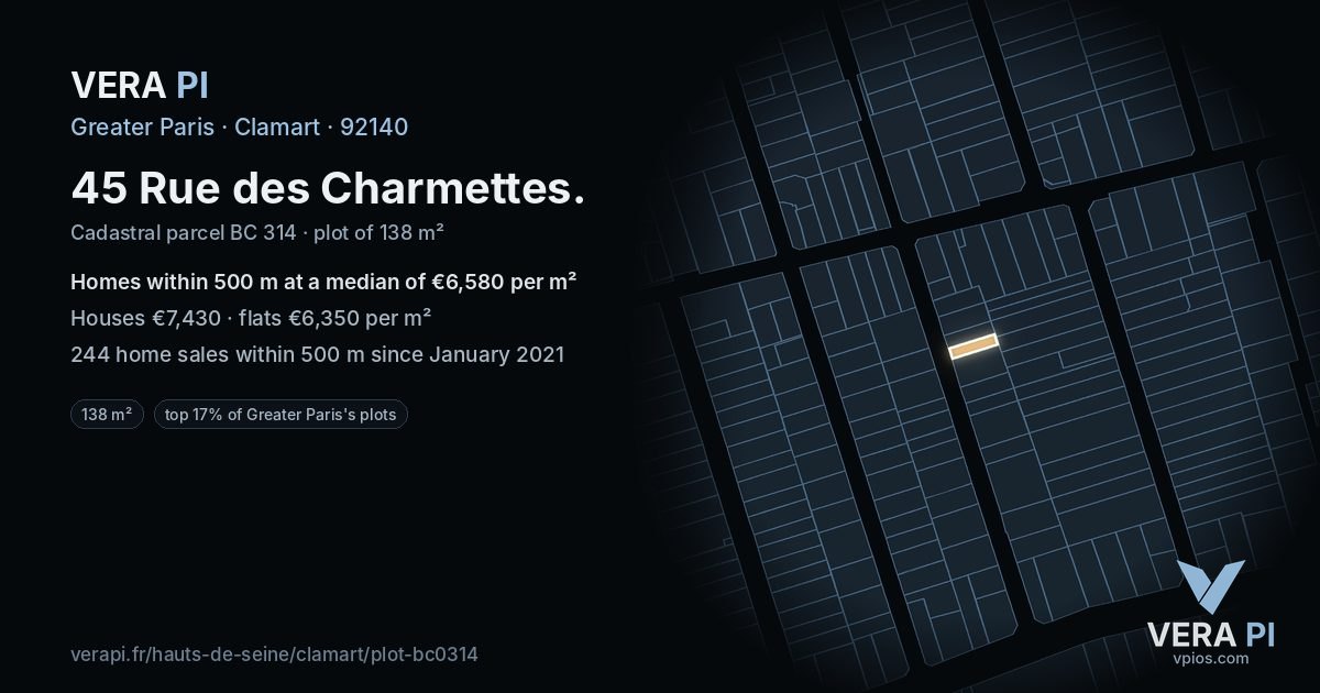 45 Rue des Charmettes, Clamart at night – the plot lit, the parcels around coloured by the prices near them