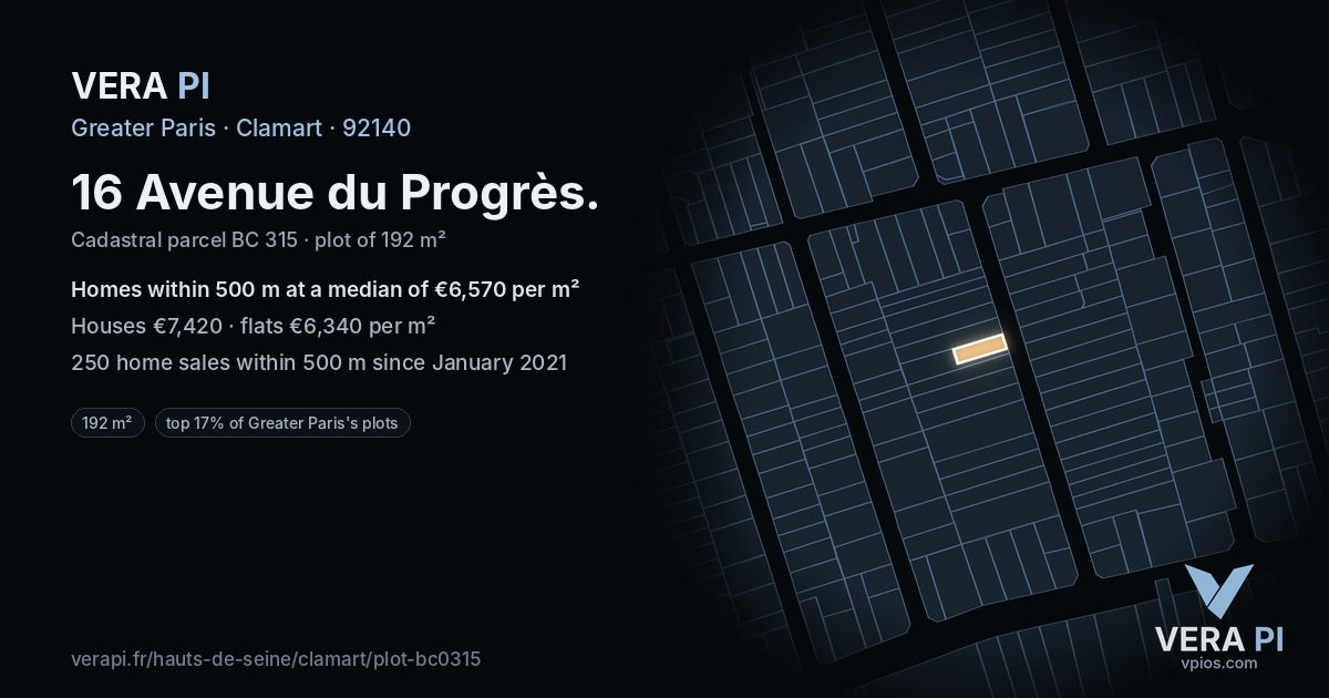 16 Avenue du Progrès, Clamart at night – the plot lit, the parcels around coloured by the prices near them
