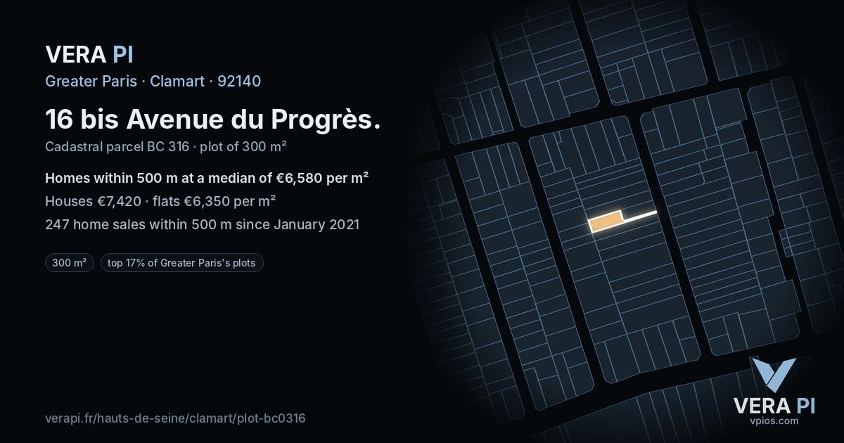 16 bis Avenue du Progrès, Clamart at night – the plot lit, the parcels around coloured by the prices near them