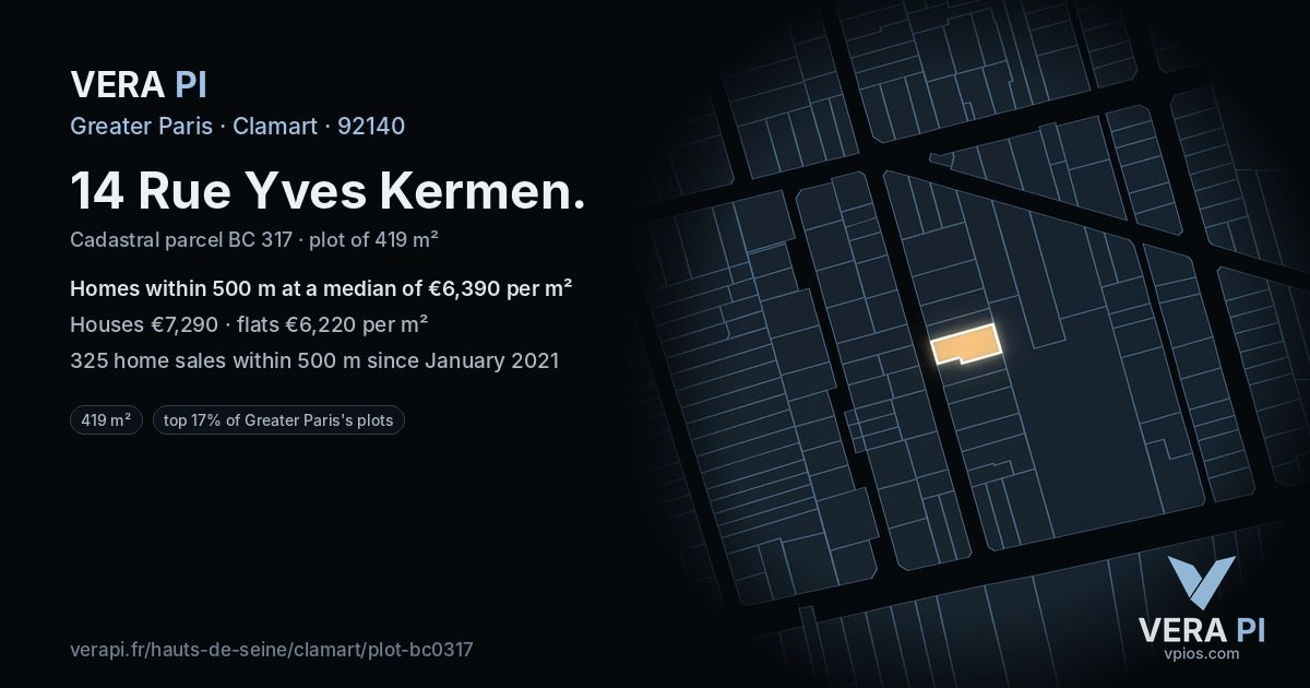 14 Rue Yves Kermen, Clamart at night – the plot lit, the parcels around coloured by the prices near them