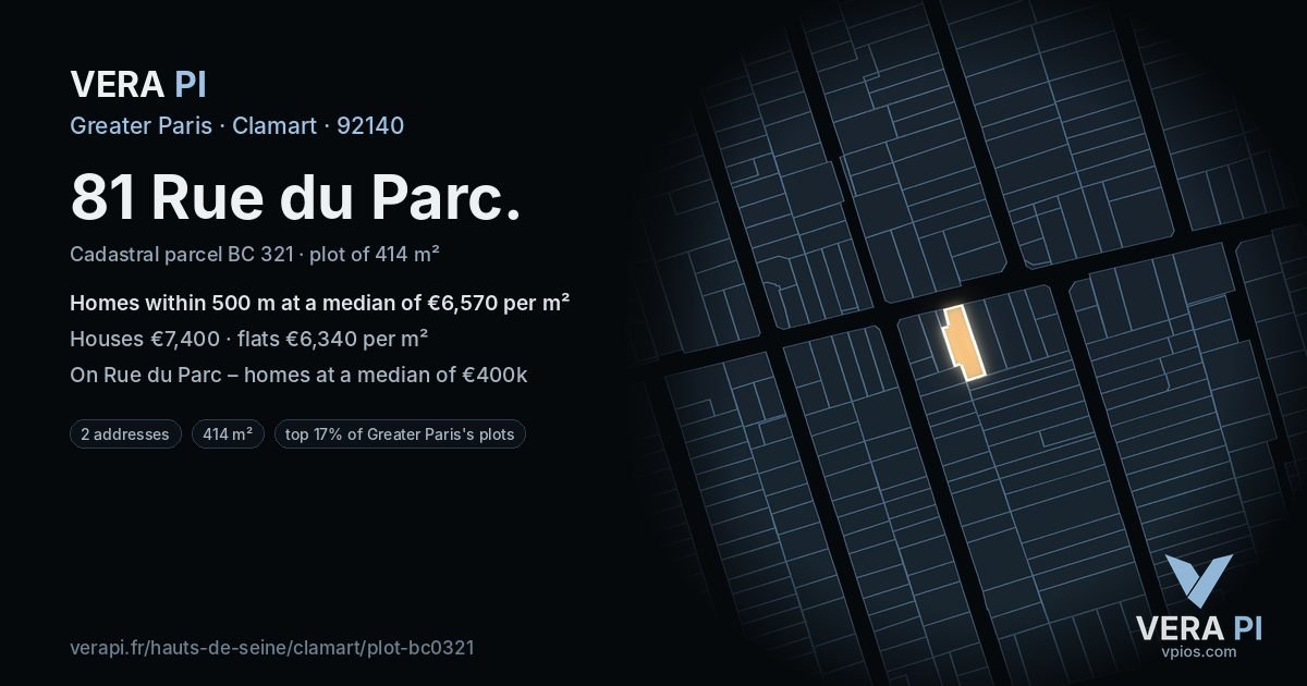 81 Rue du Parc, Clamart at night – the plot lit, the parcels around coloured by the prices near them