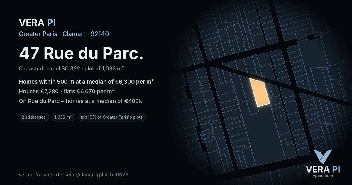 47 Rue du Parc, Clamart at night – the plot lit, the parcels around coloured by the prices near them