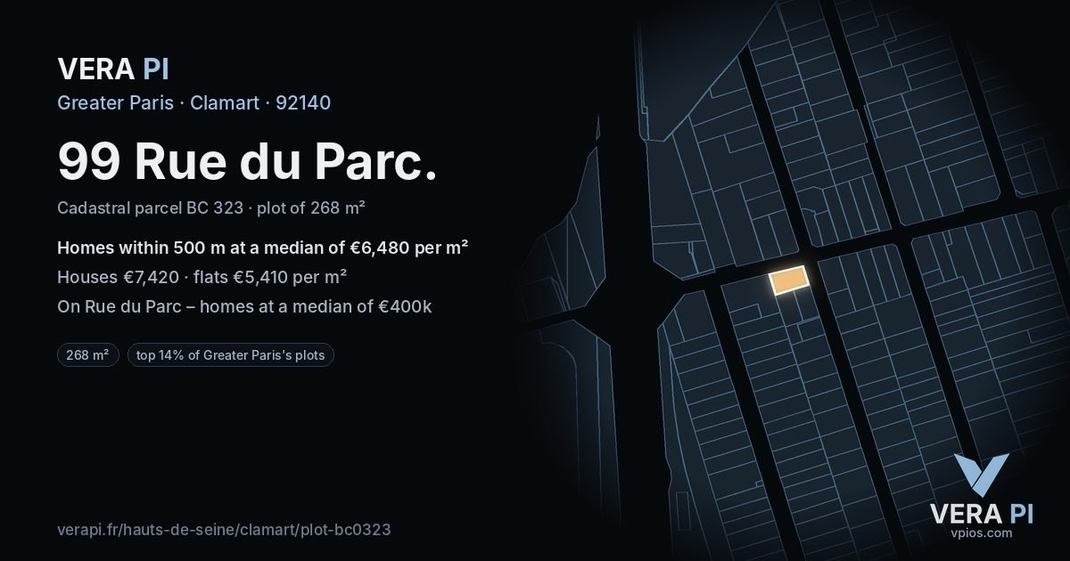 99 Rue du Parc, Clamart at night – the plot lit, the parcels around coloured by the prices near them