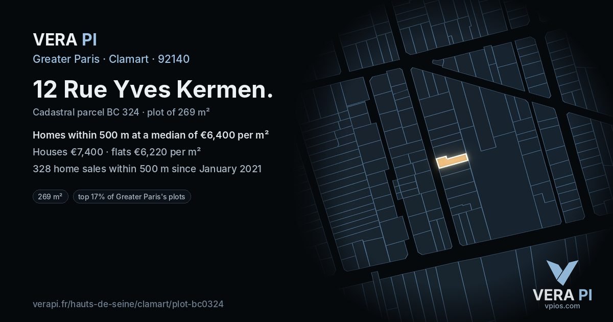 12 Rue Yves Kermen, Clamart at night – the plot lit, the parcels around coloured by the prices near them