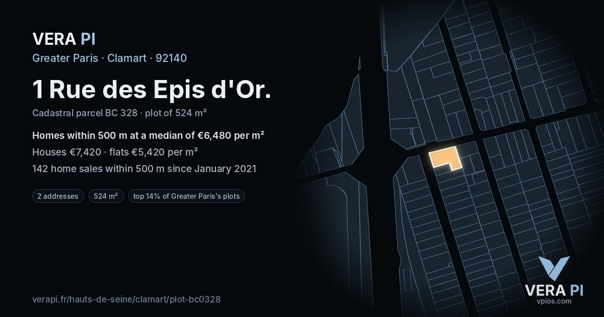 1 Rue des Epis d'Or, Clamart at night – the plot lit, the parcels around coloured by the prices near them