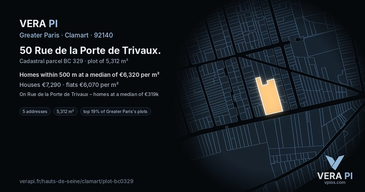 50 Rue de la Porte de Trivaux, Clamart at night – the plot lit, the parcels around coloured by the prices near them