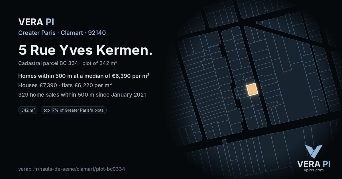 5 Rue Yves Kermen, Clamart at night – the plot lit, the parcels around coloured by the prices near them