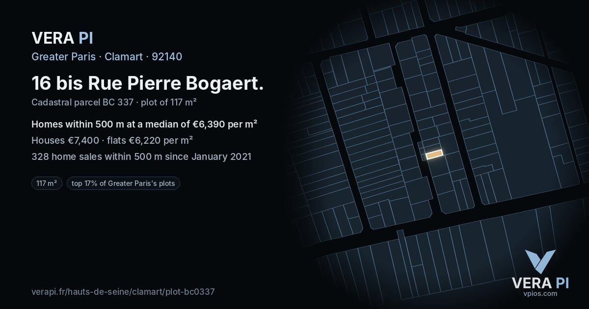 16 bis Rue Pierre Bogaert, Clamart at night – the plot lit, the parcels around coloured by the prices near them