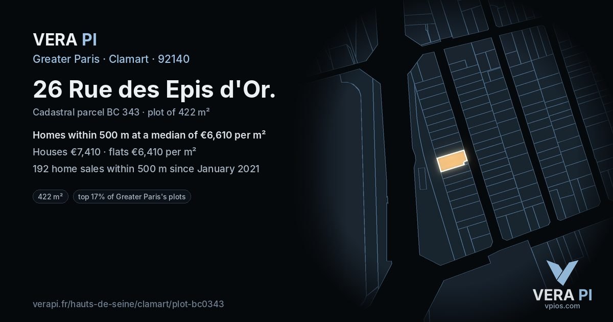 26 Rue des Epis d'Or, Clamart at night – the plot lit, the parcels around coloured by the prices near them