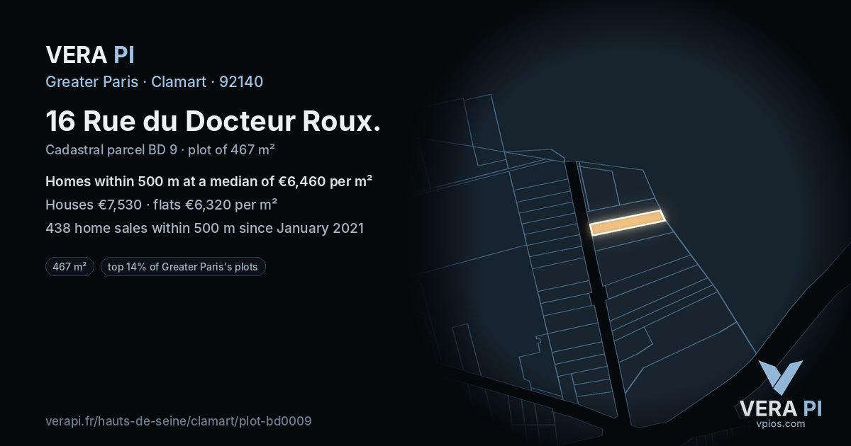 16 Rue du Docteur Roux, Clamart at night – the plot lit, the parcels around coloured by the prices near them