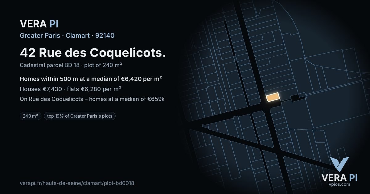 42 Rue des Coquelicots, Clamart at night – the plot lit, the parcels around coloured by the prices near them