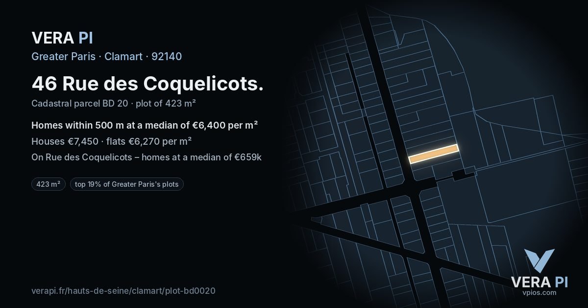 46 Rue des Coquelicots, Clamart at night – the plot lit, the parcels around coloured by the prices near them