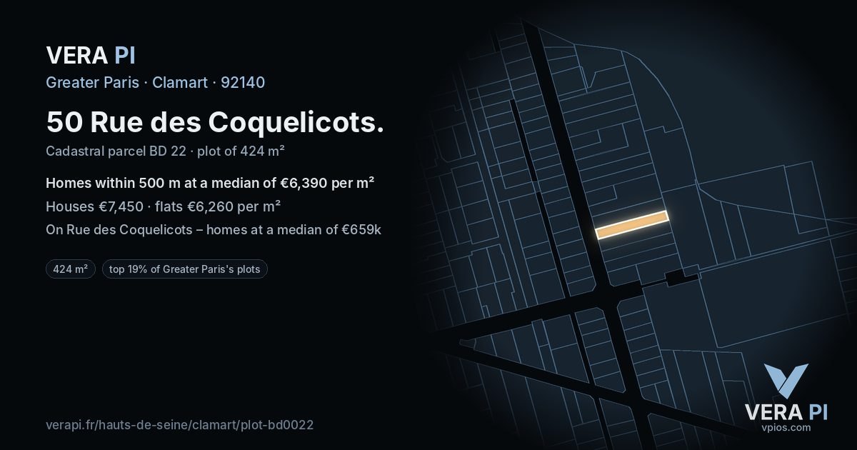 50 Rue des Coquelicots, Clamart at night – the plot lit, the parcels around coloured by the prices near them