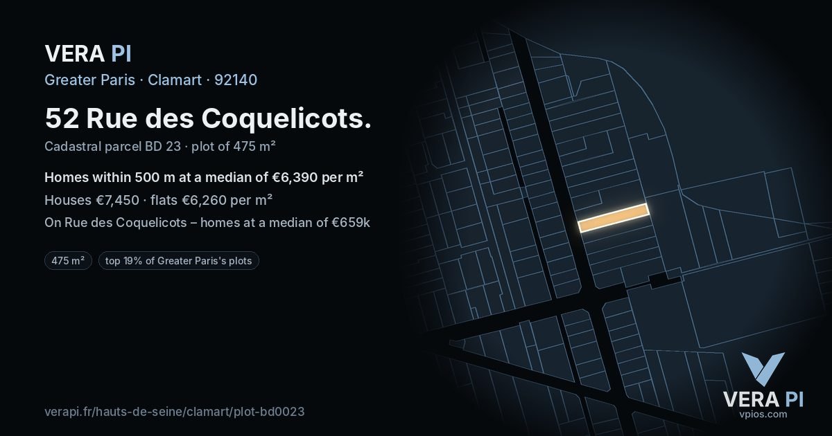 52 Rue des Coquelicots, Clamart at night – the plot lit, the parcels around coloured by the prices near them