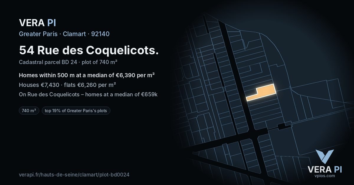 54 Rue des Coquelicots, Clamart at night – the plot lit, the parcels around coloured by the prices near them