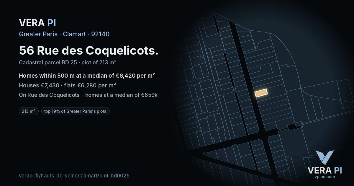 56 Rue des Coquelicots, Clamart at night – the plot lit, the parcels around coloured by the prices near them