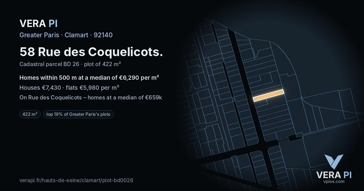 58 Rue des Coquelicots, Clamart at night – the plot lit, the parcels around coloured by the prices near them