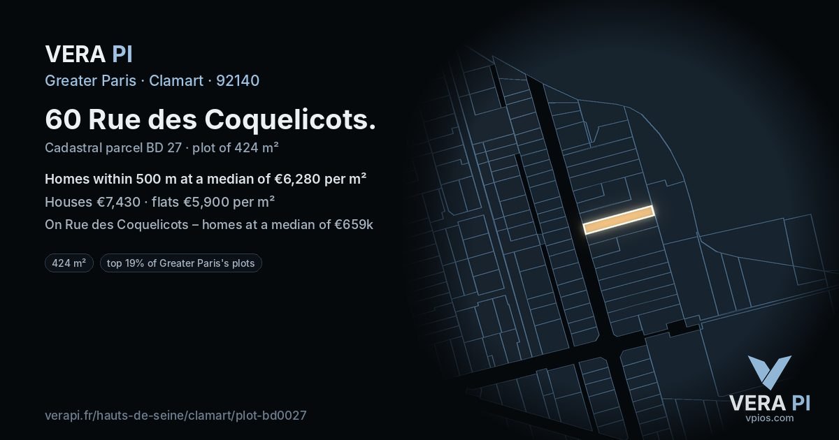 60 Rue des Coquelicots, Clamart at night – the plot lit, the parcels around coloured by the prices near them