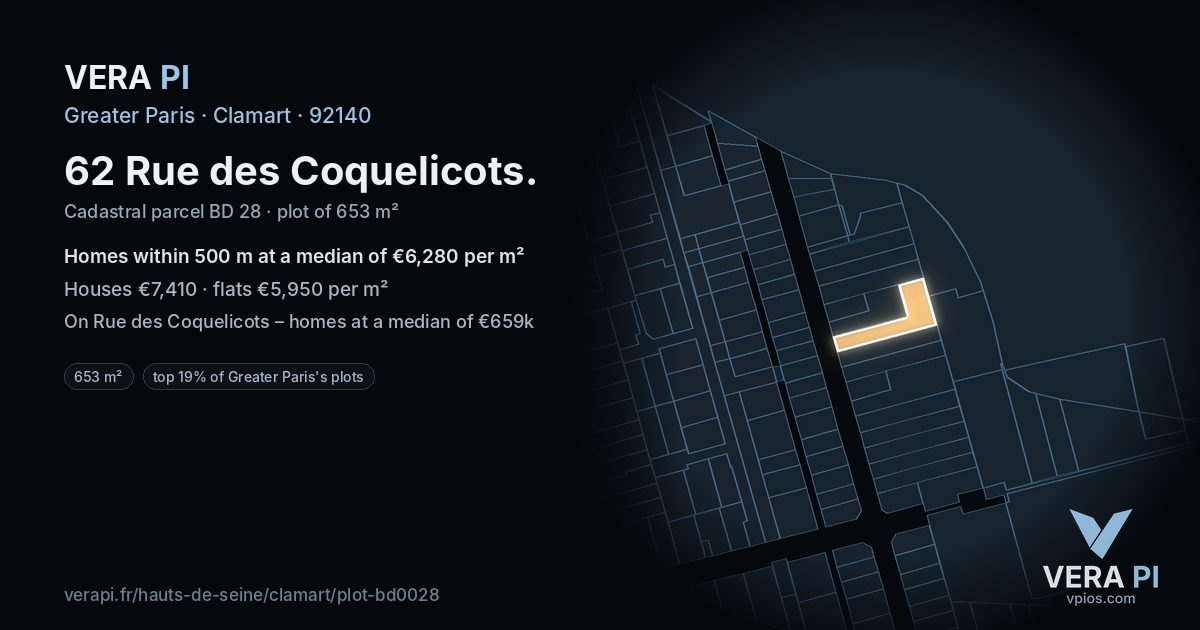 62 Rue des Coquelicots, Clamart at night – the plot lit, the parcels around coloured by the prices near them