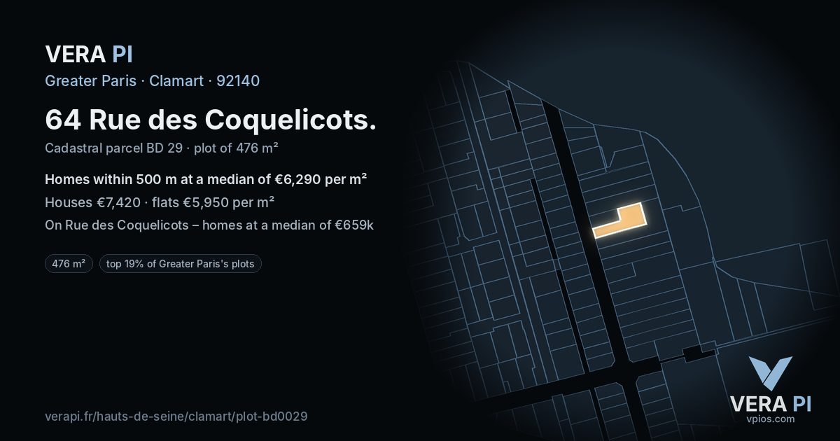 64 Rue des Coquelicots, Clamart at night – the plot lit, the parcels around coloured by the prices near them
